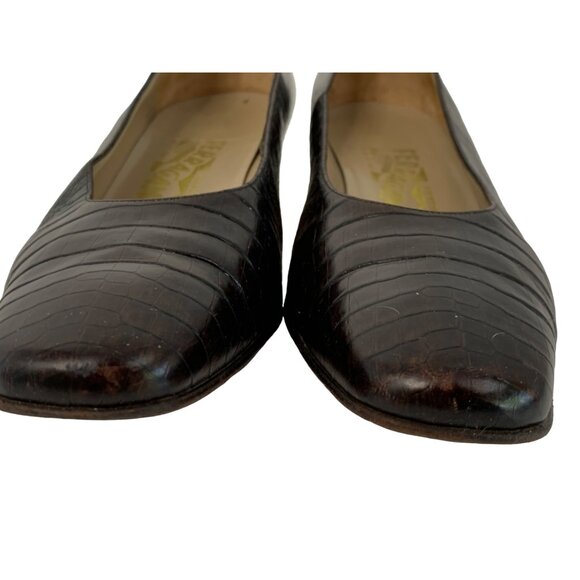 VTG 8.5B Ferragamo Croc Embossed Brown Leather Pumps 7891 Chunky Heel Career - Picture 10 of 12